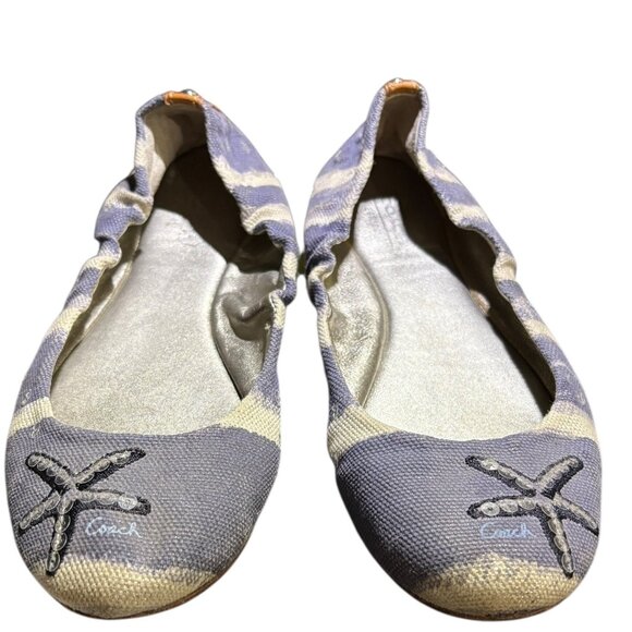 Coach Addy Starfish Sequined Denim Blue White Canvas Ballet Flats Size 7B - Picture 1 of 10